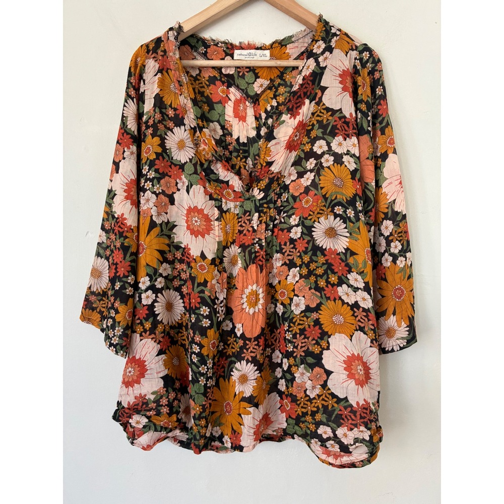 Natural Life Floral Tunic Top Womens L/XL Boho Cotton V-Neck Blouse Orange Black
